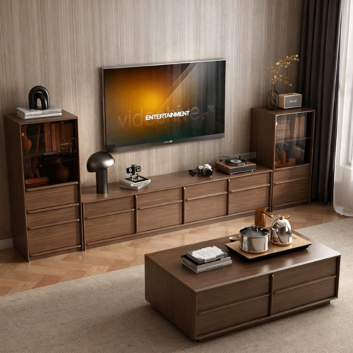 Modern wooden TV console with matching side cabinets and coffee table.