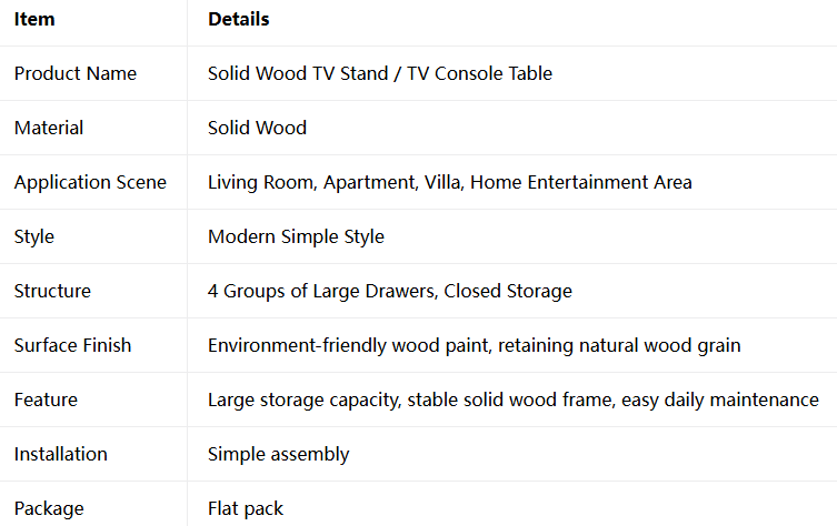 Solid wood TV stand with four large drawers for modern living room use.