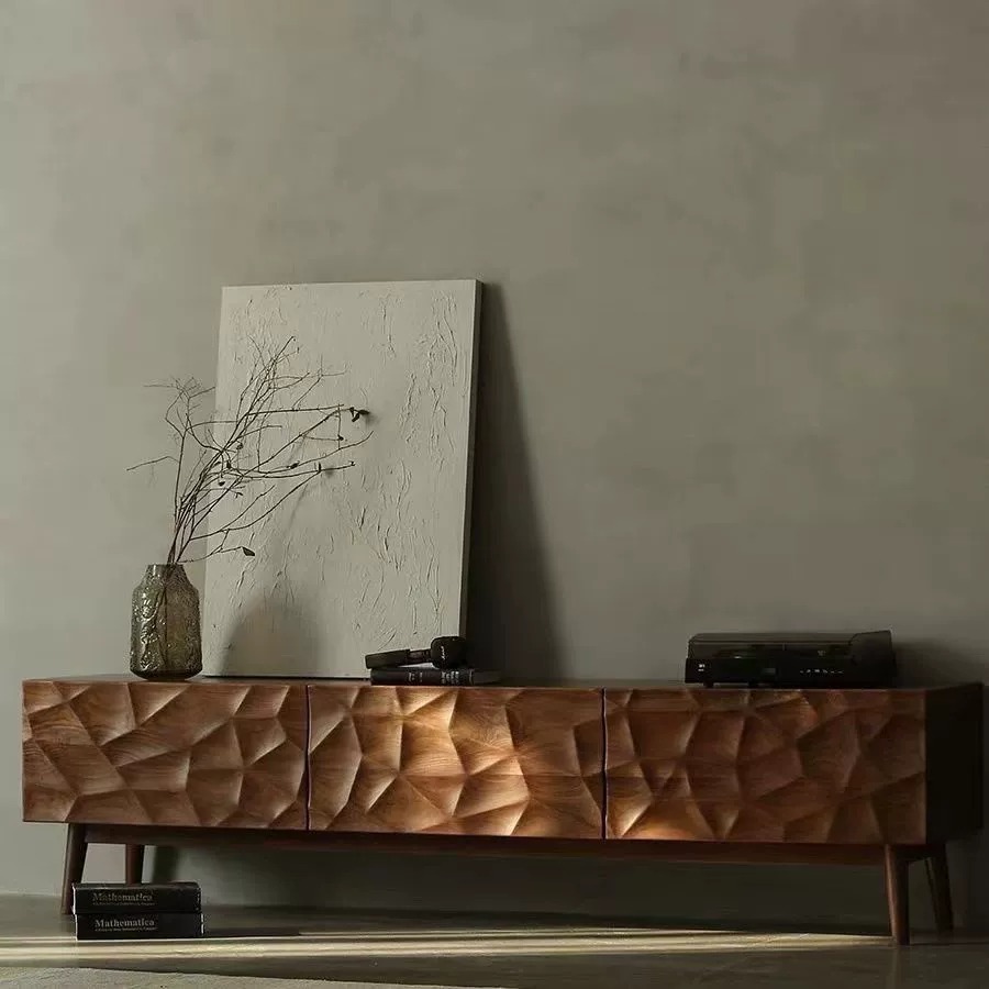 Wooden console table with geometric carved design