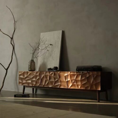 Geometric wood sideboard in minimalist modern room.