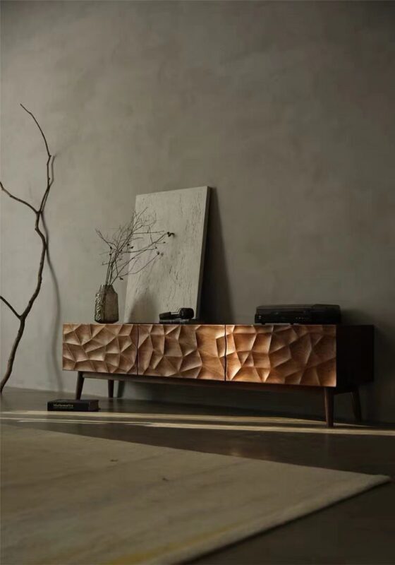 Geometric wood sideboard in minimalist modern room.