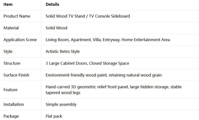 Solid wood TV stand with retro style and hidden storage.
