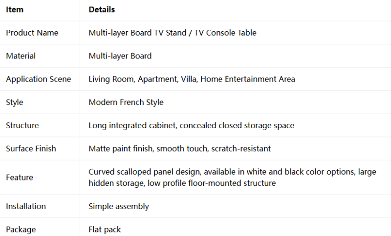 Modern French style TV stand with hidden storage and matte finish.