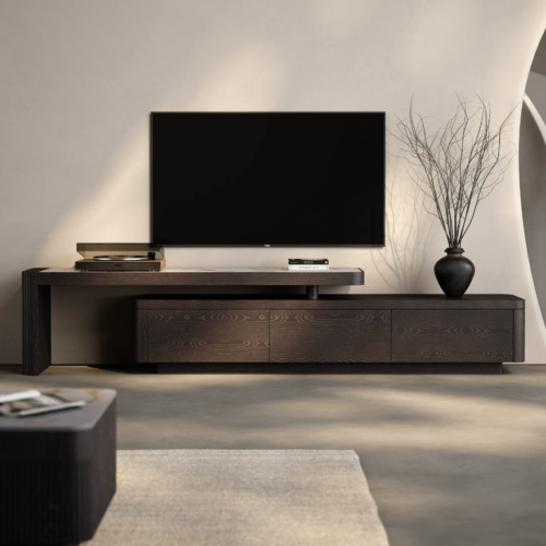 Modern dark wood TV console with minimalist design.
