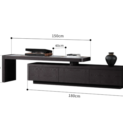Modern black TV stand with storage drawers and floating shelf.