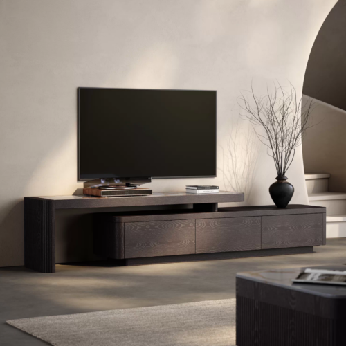 Modern dark wood TV console with minimalist design.