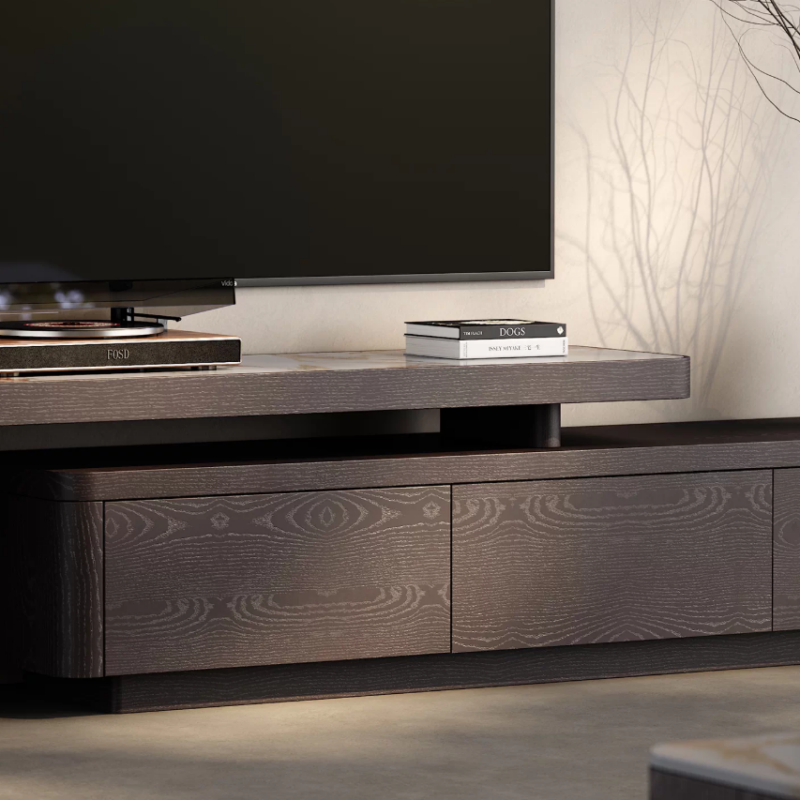 Modern dark wood TV stand with sleek design and storage drawers.