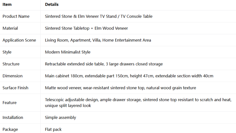 Sintered stone and elm veneer modern TV console with extendable drawers.