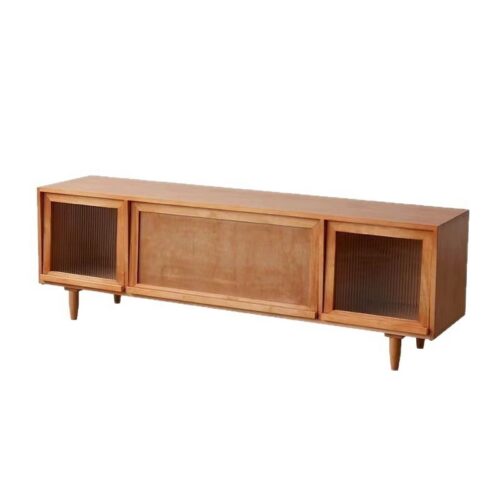 Wooden sideboard with glass doors and tapered legs.
