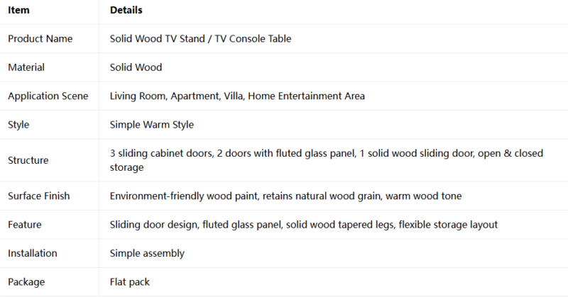 Solid wood TV stand with sliding doors and fluted glass panels.