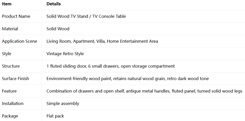 Solid wood TV stand with retro drawers and open shelf.