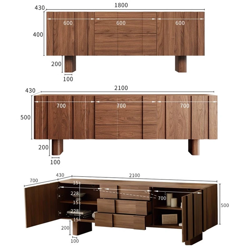 Modern wooden sideboard with drawers and doors, shown in three dimensional views.