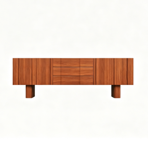 Modern wooden sideboard with three drawers and two legs.