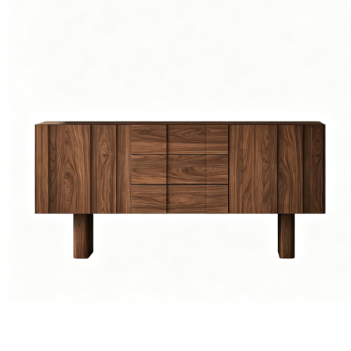 Modern walnut sideboard with drawers and legs.