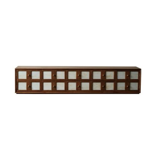 Long wooden cabinet with glass panels and metal knobs.