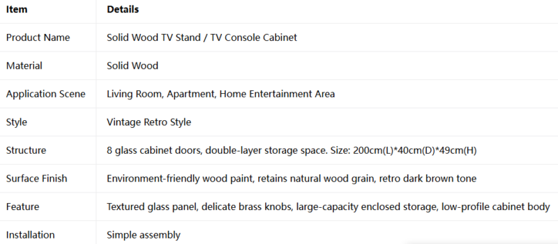 Solid wood TV stand with glass doors and brass knobs.