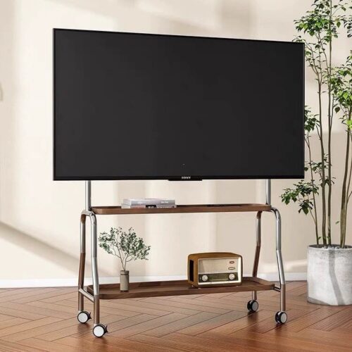Wooden TV stand with wheels and shelves.