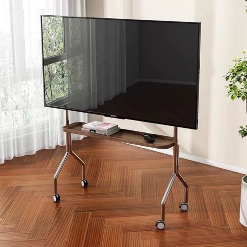 Modern TV stand with wheels on wooden floor