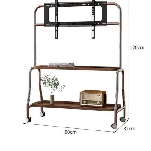 Metal TV stand with wheels and two shelves.