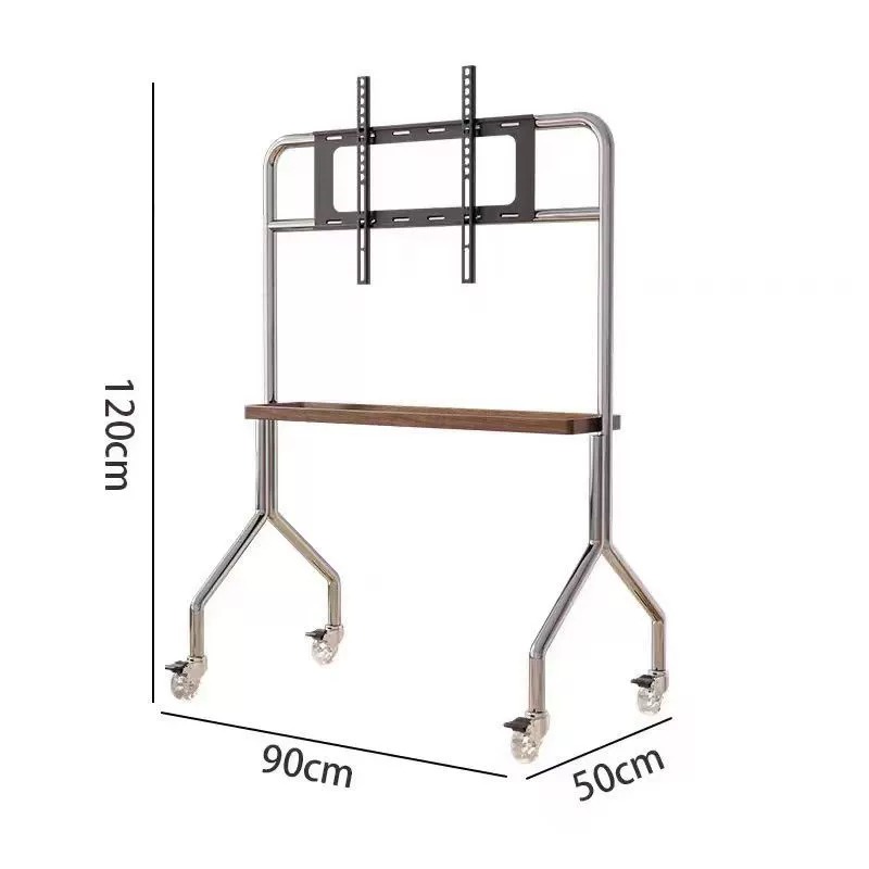 Portable TV stand with wheels and shelf, 120cm high.