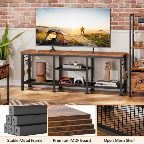 Industrial-style TV stand with metal frame and mesh shelves.
