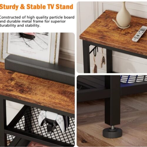Sturdy TV stand with wooden top and metal frame.