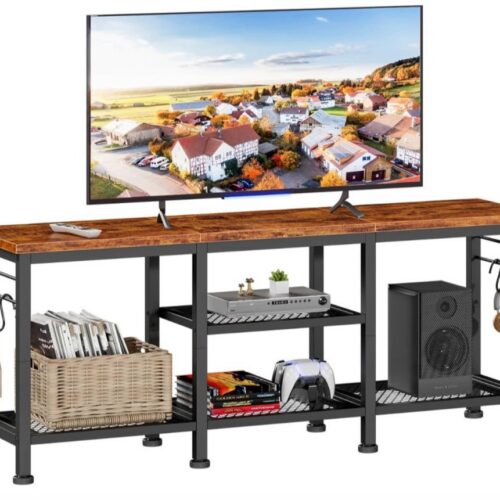 Wood top industrial TV stand with shelves for electronics and storage.