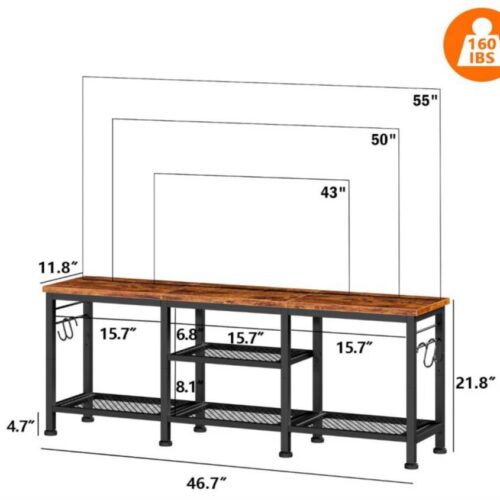 Industrial-style workbench with metal frame and wooden surface.