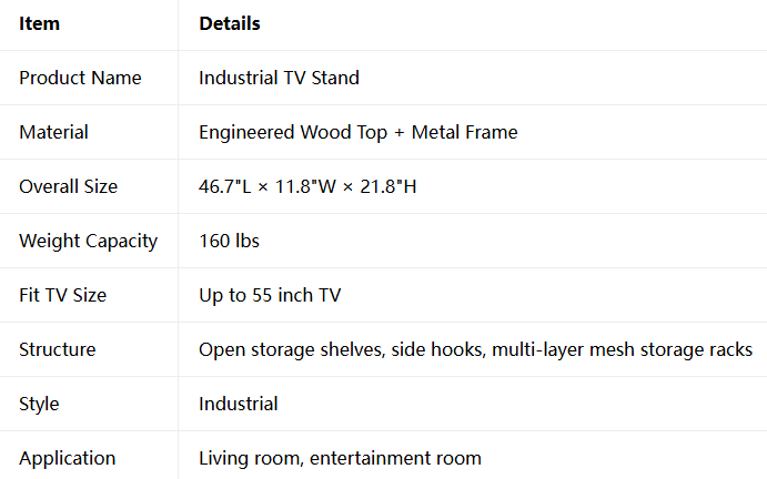 Industrial TV stand with metal frame and open shelves.