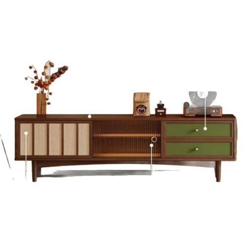 Mid-century modern wooden sideboard with green drawers.
