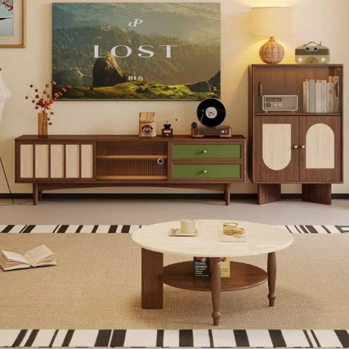 Mid-century modern media cabinet with green drawers and wooden accents.