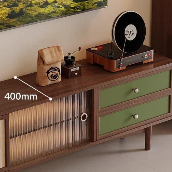 Mid-century modern console table with green drawers and wooden finish.