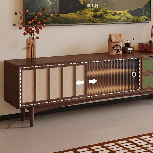 Modern wooden sideboard with sliding doors and decorative panels