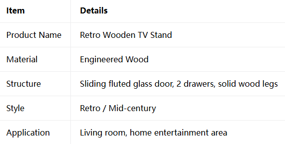 Retro wooden TV stand with glass door and drawers.