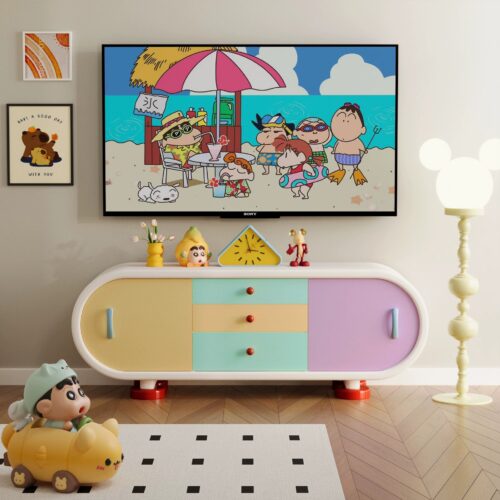 Colorful modern sideboard with playful cartoon decor.