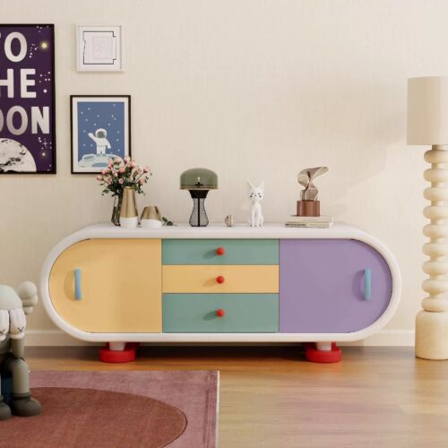 Colorful modern sideboard with curved design and playful accents.