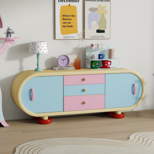 Pastel-colored curved sideboard with pink and blue drawers.