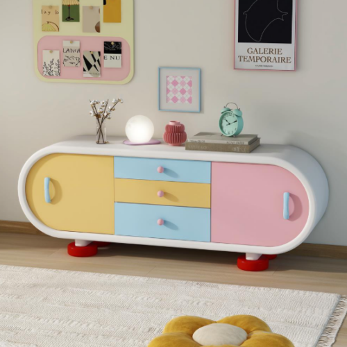 Colorful modern sideboard with pastel drawers and playful design.