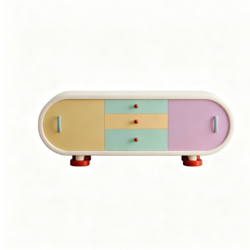 Pastel-colored oval sideboard with red feet and drawers.