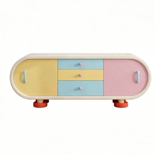 Colorful kids storage cabinet with round handles and drawers.