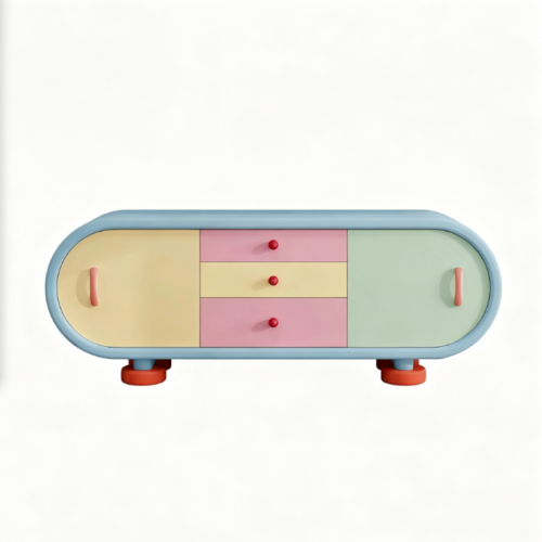 Colorful rounded sideboard with drawers and handles.