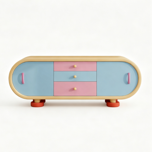 Pastel-colored oval sideboard with three drawers and rounded handles.