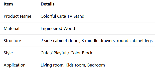 Colorful cute TV stand with doors, drawers, and round legs.