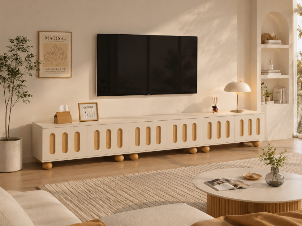 Modern white TV console with wooden accents and rounded feet.