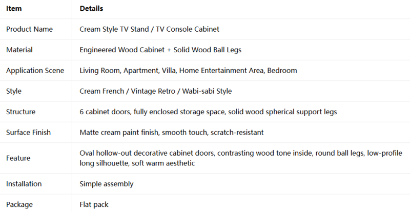 Cream style TV stand with wooden ball legs and cabinet doors