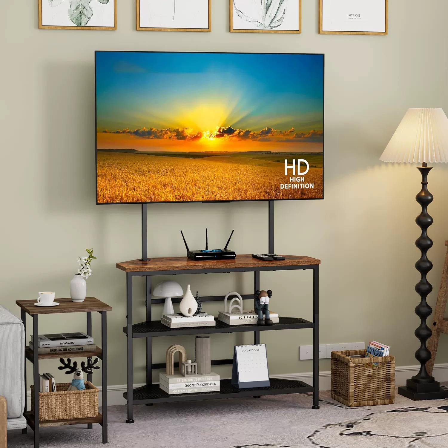 Modern TV stand with shelves and decorative items.