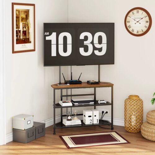 Industrial-style TV stand with three shelves and metal frame.