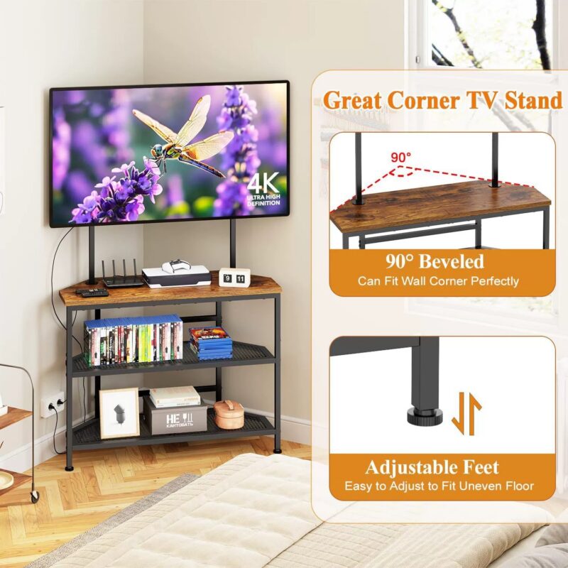 Corner TV stand with adjustable feet and beveled design.
