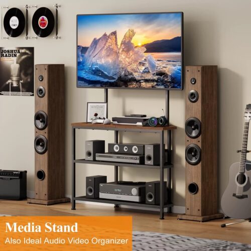 Media stand with shelves for TV, speakers, and audio equipment.