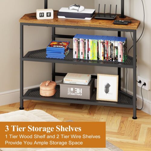 Three-tier corner shelf with wood top and wire shelves.
